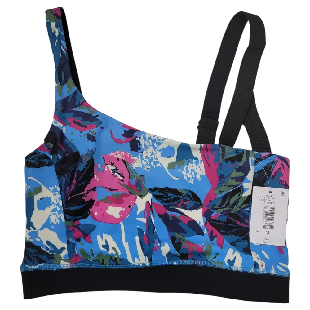 Josie Natori Blue Pink White Asymmetrical Floral Athletic Crop Top Sports Bra
